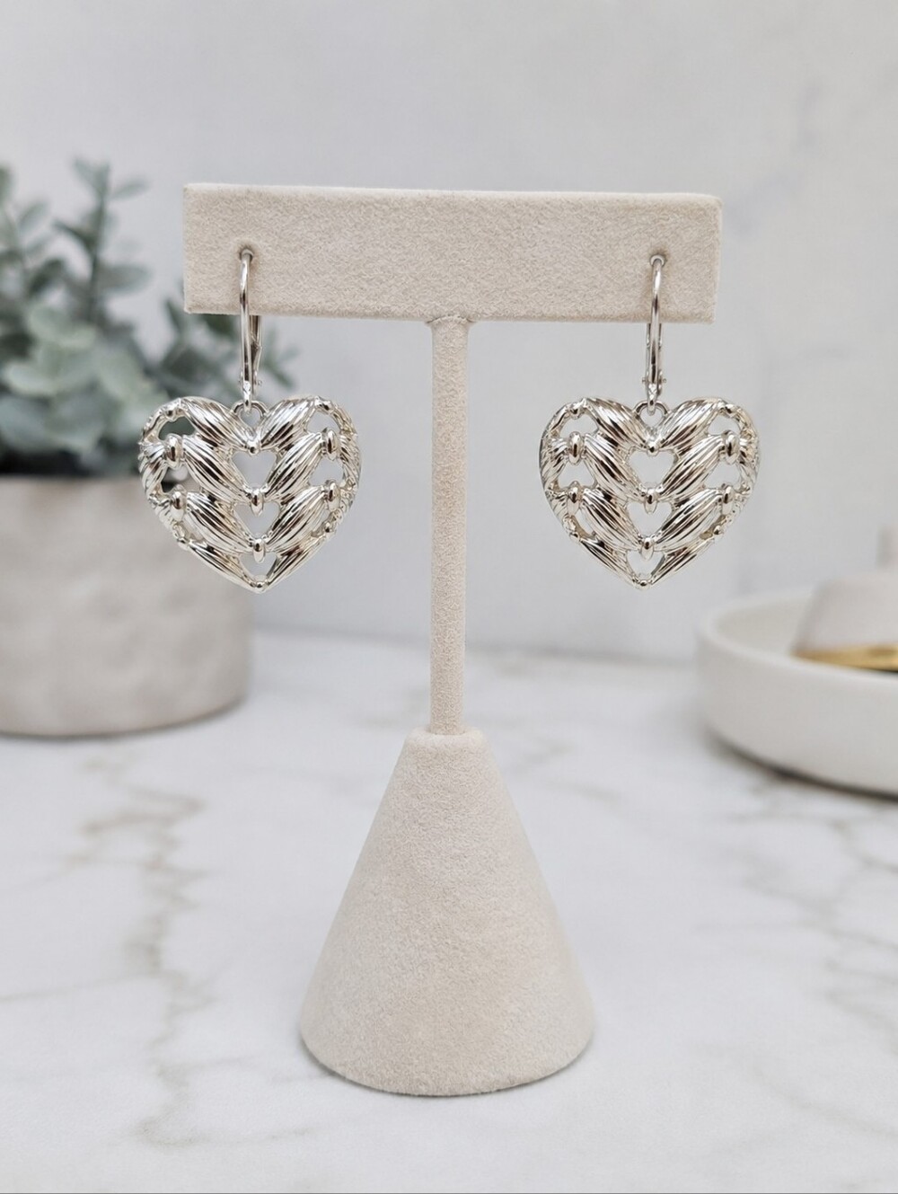 Napier Silver Tone Open Heart Drop Earrings Textured Dangle NWT